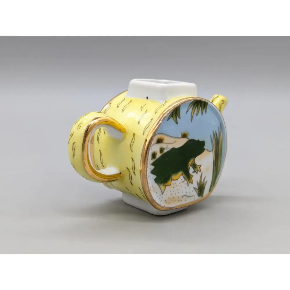 Vivian Chan 2000 Miniature Porcelain Teapot Yellow Green Painted Frog Design